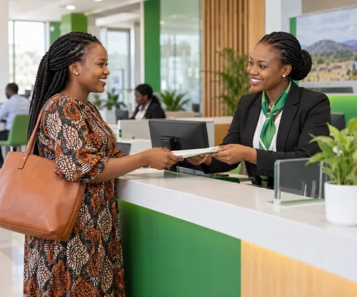 Customer being welcomed by a bank officer at a Co-op Bank branch
