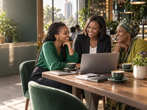 Three women of different ages meeting over coffee and a laptop