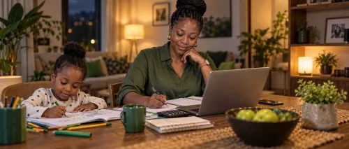Mother planning her finances at home beside her daughter