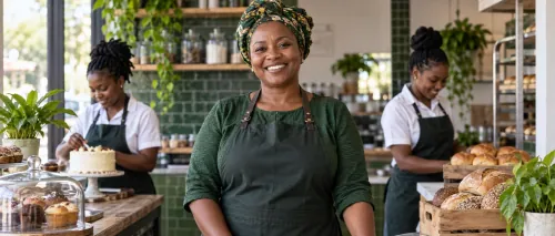 Bakery owner in her shop with her staff