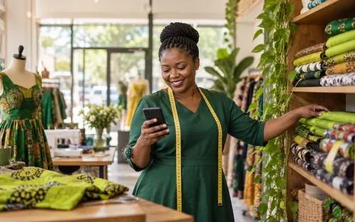 Woman entrepreneur in her fabric boutique checking her phone