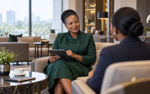 Businesswoman with a tablet meeting her relationship manager