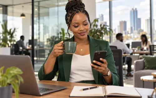 Professional woman in a modern office checking her phone